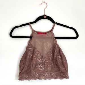 Daytrip Lace Mesh Purple Mauve Spaghetti Strap Halter Bralette Accent Crop Top